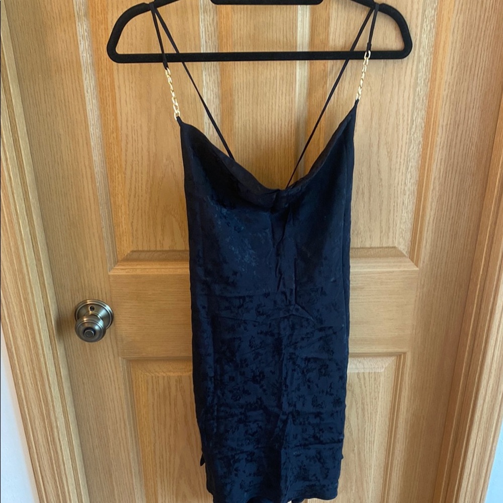 Zara Elegant Black Slip Dress with Gold Chain Straps